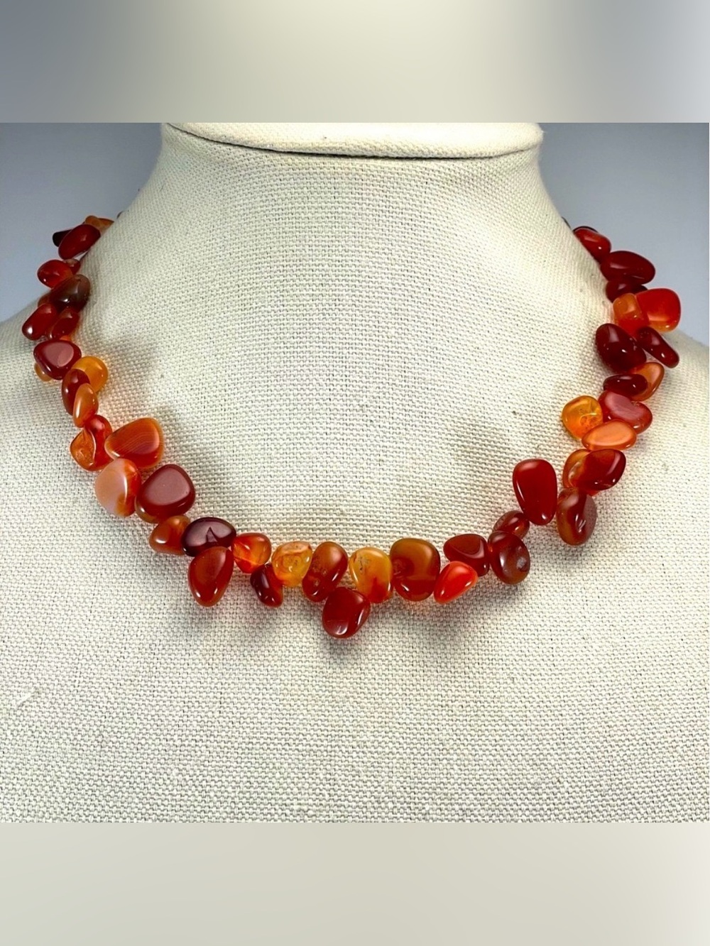 Stunning Natural Carnelian Agate Stone Beaded Statement Unsigned Necklace